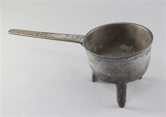 A Charles II skillet, late 17th century, by John Feathers, total length 14.25in. height 6in.